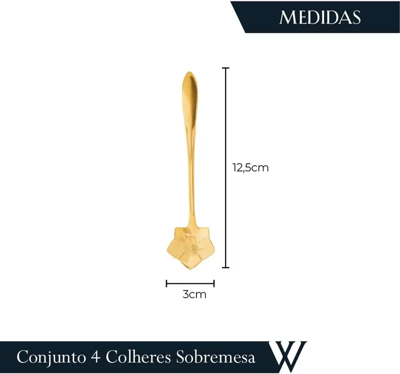 CONJUNTO COM 4 COLHERES INOX PARA CHA FLORES DOURADO WOLFF