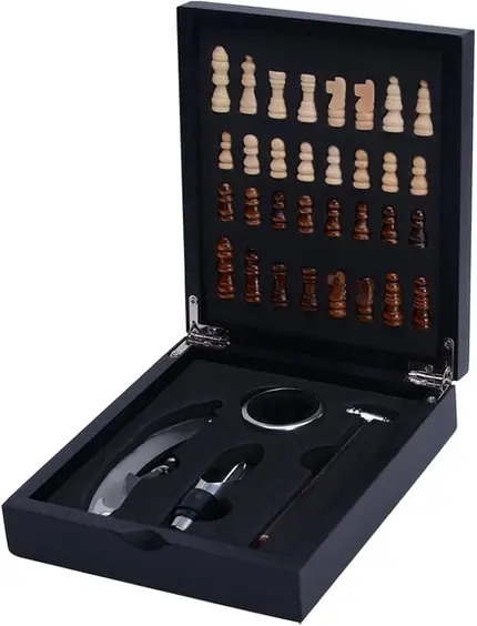 KIT PARA VINHO COM JOGO DE XADREZ MIMO STYLE
