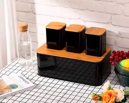 CONJUNTO PORTA PAO BAMBU 3 POTES BLACK MIMO STYLE