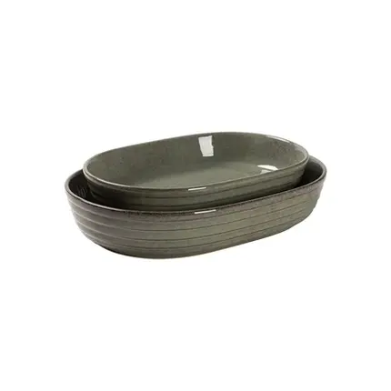 CONJUNTO COM 2 TRAVESSAS OVAL EM CERAMICA VERDE AREIA