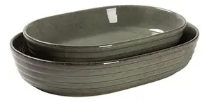 CONJUNTO COM 2 TRAVESSAS OVAL EM CERAMICA VERDE AREIA