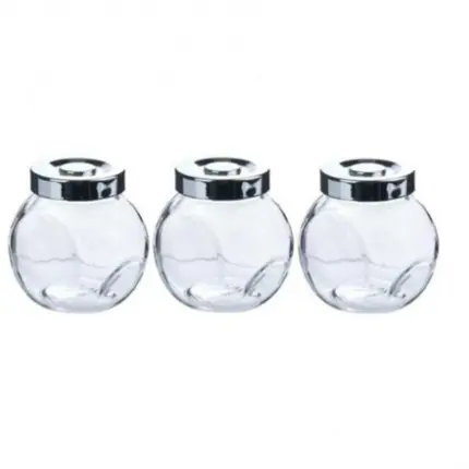JOGO COM 3 PORTA TEMPEROS DE VIDRO COM TAMPA PLASTICA PRATA 200ML