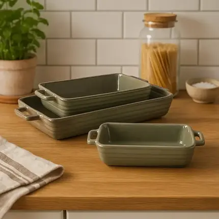 CONJUNTO COM 3 DE TRAVESSAS RETANGULAR COM ALÇA EM CERAMICA VERDE AREIA