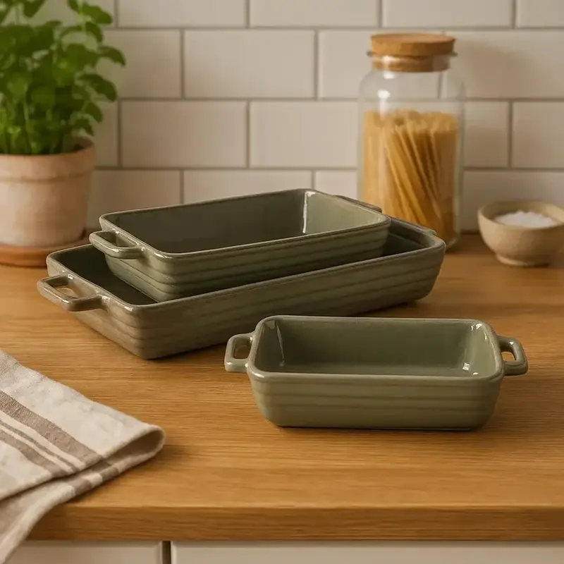 CONJUNTO COM 3 DE TRAVESSAS RETANGULAR COM ALÇA EM CERAMICA VERDE AREIA