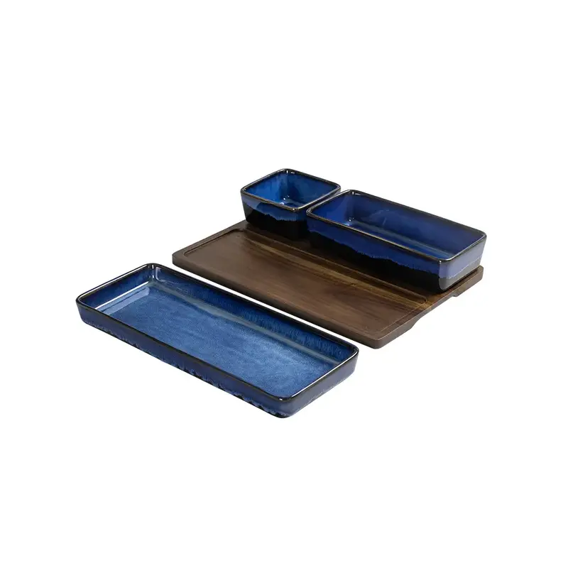 PETISQUEIRA EM MADEIRA E CERAMICA AZUL COM BASE EM MADEIRA 4 PEÇAS