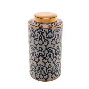 POTICHE DECORATIVO EM PORCELANA AZUL E BRANCO 18X36CM
