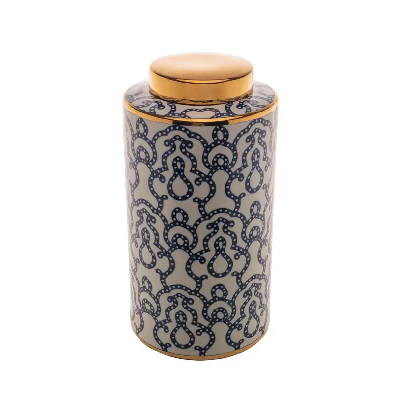 POTICHE DECORATIVO EM PORCELANA AZUL E BRANCO 18X36CM