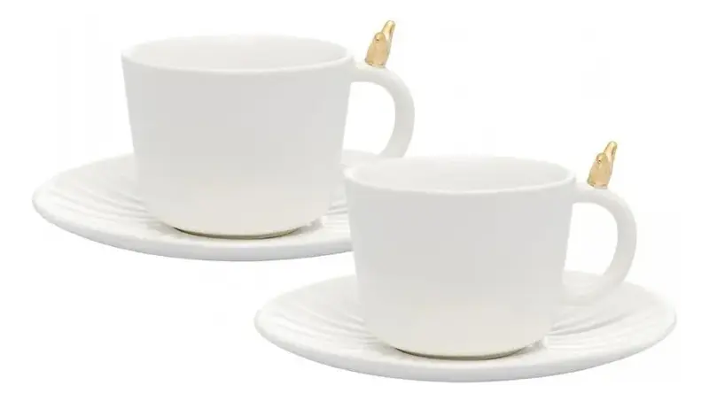 CONJUNTO DE 2 XICARAS DE CHA DE CERAMICA COLIBRI COM PIRES BRANCO 170ML