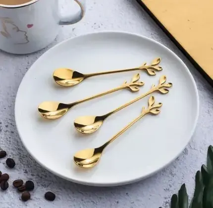 CONJUNTO 4 COLHERES ACO INOX PARA CHA LEAVES DOURADO WOLFF