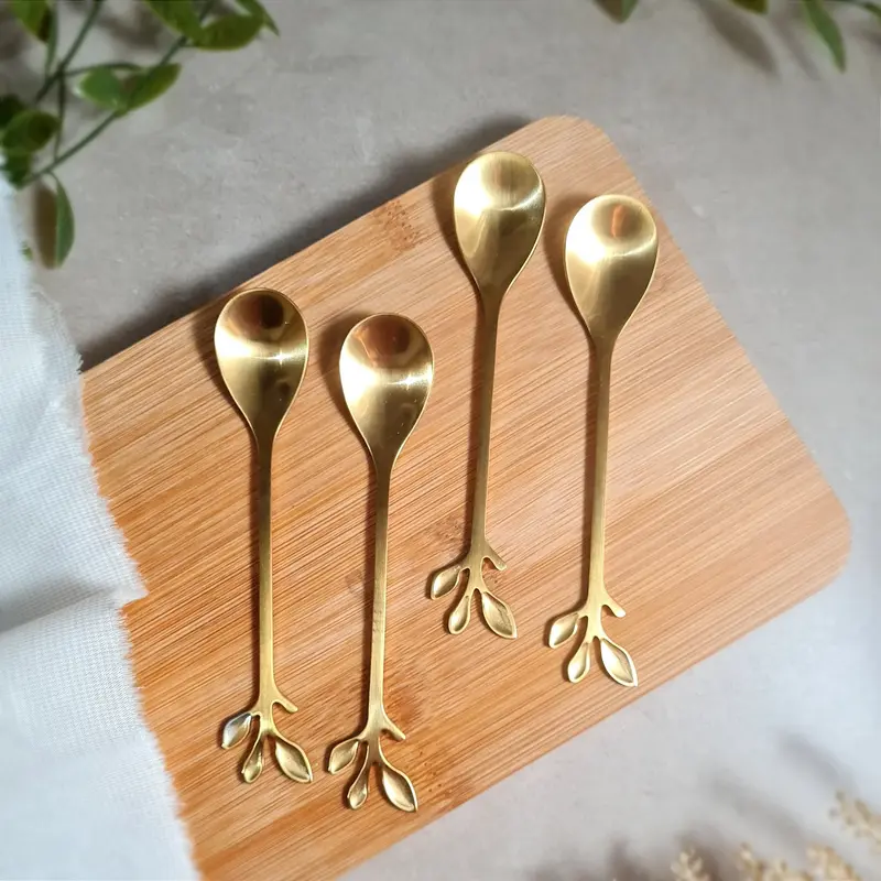 CONJUNTO 4 COLHERES ACO INOX PARA CHA LEAVES DOURADO WOLFF