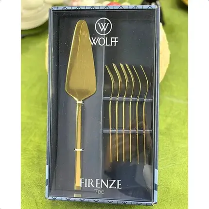 CONJUNTO 7 PECAS ESPATULA PARA BOLO E 6 GARFOS PARA SOBREMESA FIRENZE DOURADO ACO INOX