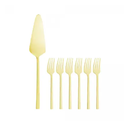 CONJUNTO 7 PECAS ESPATULA PARA BOLO E 6 GARFOS PARA SOBREMESA FIRENZE DOURADO ACO INOX