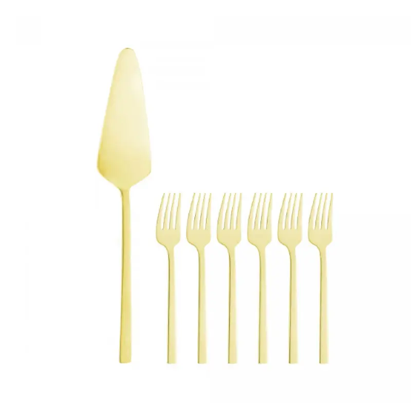 CONJUNTO 7 PECAS ESPATULA PARA BOLO E 6 GARFOS PARA SOBREMESA FIRENZE DOURADO ACO INOX