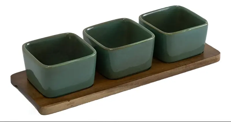 CONJUNTO DE 3 PETISQUEIRAS QUADRADA COM BASE DE CERÂMICA VERDE DEGRADE
