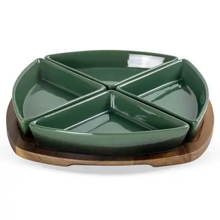 CONJUNTO DE 4 DE PETISQUEIRAS RETANGULAR BASE MADEIRA CERÂMICA VERDE DEGRADE