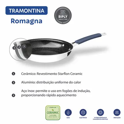 FRIGIDEIRA 30CM ROMAGNA PRE COM REVESTIMENTO CERAMICO COM FUNDO EXTERNO EM ACO INOX TRAMONTINA