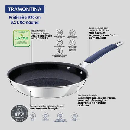 FRIGIDEIRA 30CM ROMAGNA PRE COM REVESTIMENTO CERAMICO COM FUNDO EXTERNO EM ACO INOX TRAMONTINA