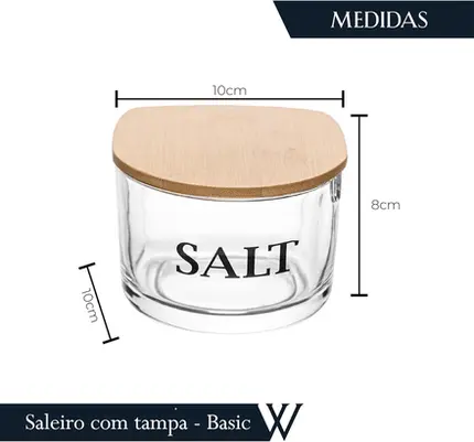 SALEIRO DE VIDRO COM COLHER E TAMPA DE BAMBU BASIC 10CM X 10CM X 8CM