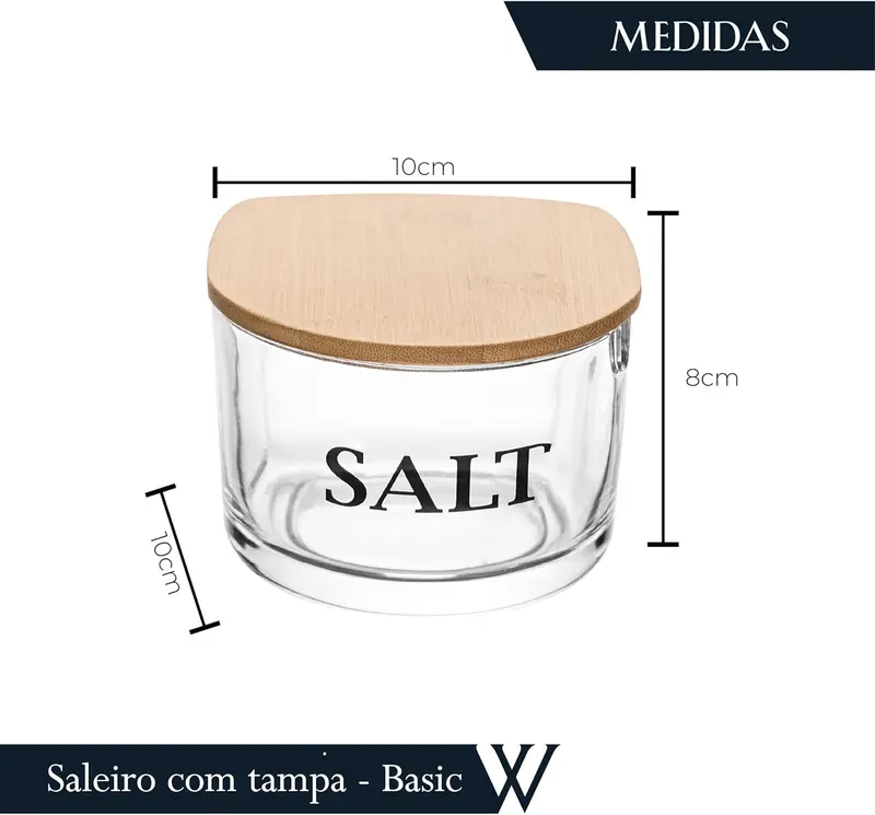 SALEIRO DE VIDRO COM COLHER E TAMPA DE BAMBU BASIC 10CM X 10CM X 8CM