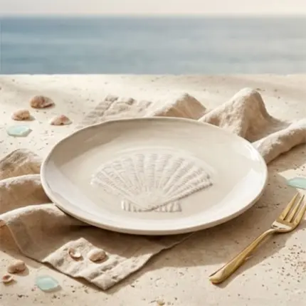 JOGO COM 6 PRATOS DE SOBREMESA EM MELAMINA FUNDO DO MAR OFF WHITE