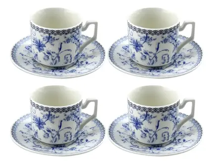 JOGO COM 4 XICARAS DE CHA COM PIRES HORTENSIA EM NEW BONE CHINA 220 ML AZUL