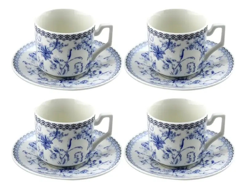 JOGO COM 4 XICARAS DE CHA COM PIRES HORTENSIA EM NEW BONE CHINA 220 ML AZUL