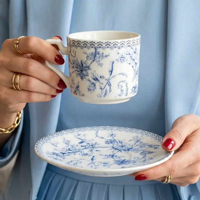 JOGO COM 4 XICARAS DE CHA COM PIRES HORTENSIA EM NEW BONE CHINA 220 ML AZUL