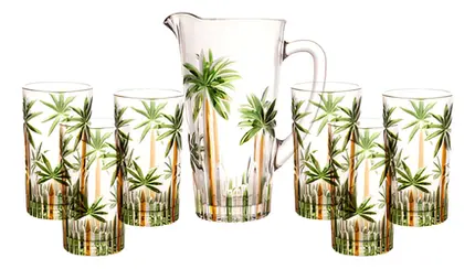 CONJUNTO JARRA COM 6 COPOS DE CRISTAL PALM TREE HANDPAINT WOLFF