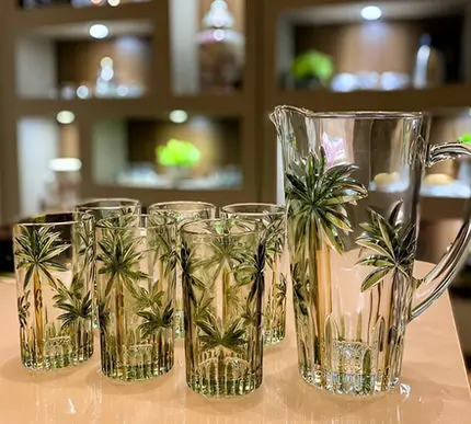CONJUNTO JARRA COM 6 COPOS DE CRISTAL PALM TREE HANDPAINT WOLFF