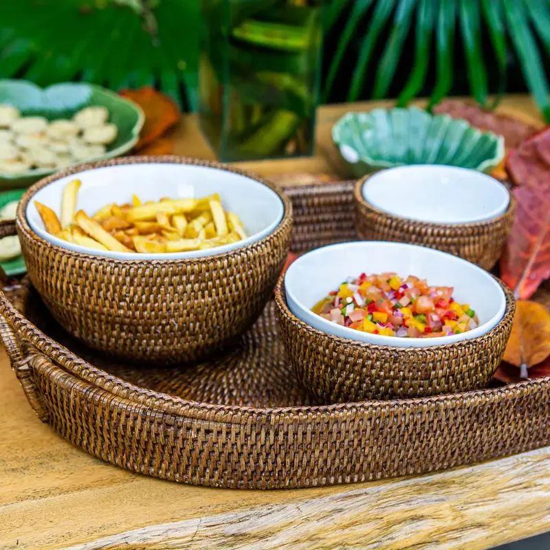 BOWL PORCELANA 18 CM COM SUPORTE EM RATTAN MAYA