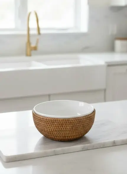 BOWL DE PORCELANA 15 CM COM SUPORTE EM RATTAN MAYA