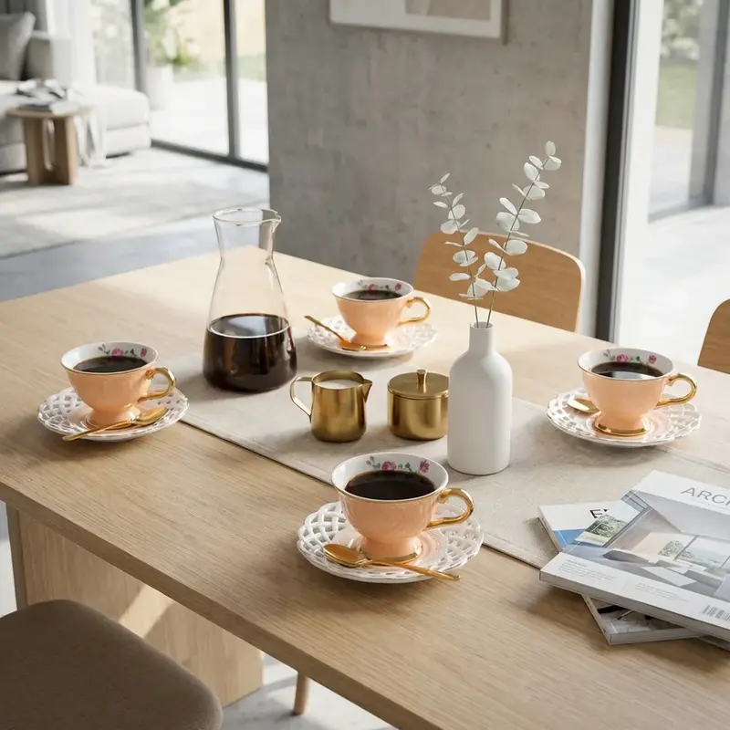 JOGO COM 4 XICARAS DE CAFE COM PIRES MON DESIR EM NEW BONE CHINA COM BORDA DOURADA ML LHERMITAGE