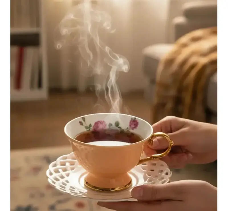 JOGO COM 4 XICARAS DE CAFE COM PIRES MON DESIR EM NEW BONE CHINA COM BORDA DOURADA ML LHERMITAGE