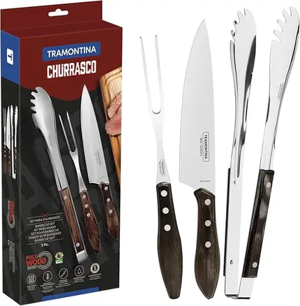 JOGO CHURRASCO INOX 3PC POLYWOOD CASTANHO TRAMONTINA