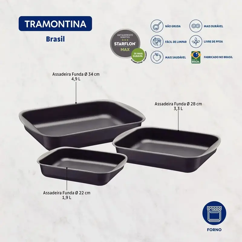 JOGO COM 3 ASSADEIRAS ANTIADERENTES GRAFITE TRAMONTINA
