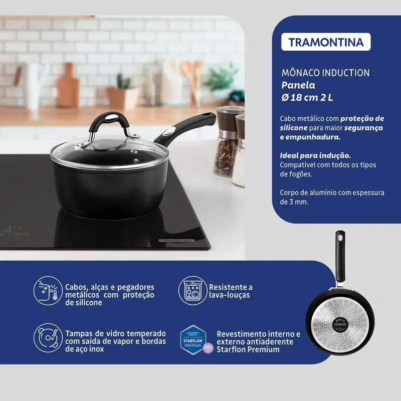 PANELA MONACO INDUÇÃO PRETA 18CM 2L TRAMONTINA
