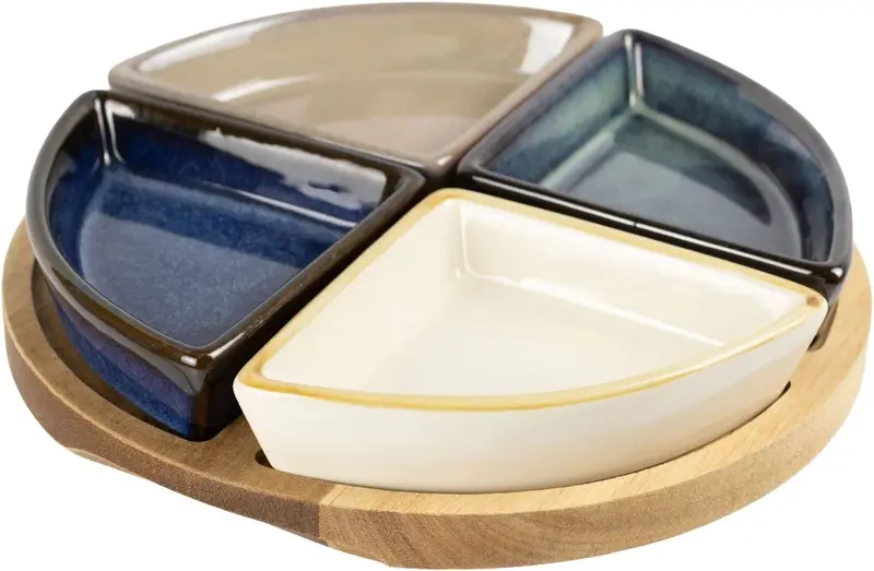 JOGO DE 4 PETISQUEIRAS EM CERAMICA COM BANDEJA EM BAMBU