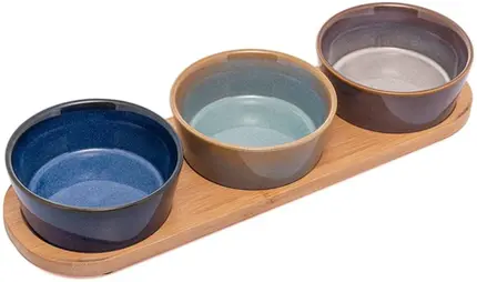 JOGO COM 3 PETISQUEIRAS EM CERAMICA COM BANDEJA EM BAMBU