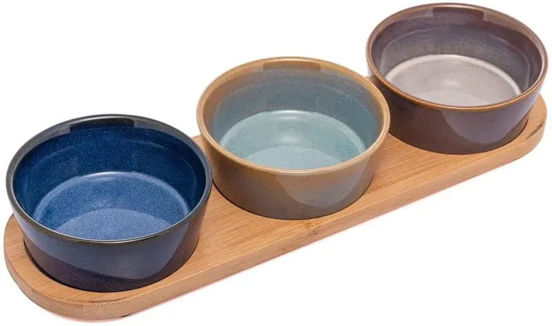 JOGO COM 3 PETISQUEIRAS EM CERAMICA COM BANDEJA EM BAMBU