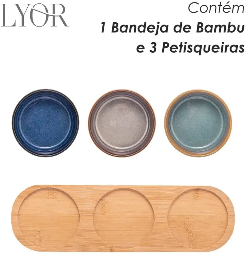 JOGO COM 3 PETISQUEIRAS EM CERAMICA COM BANDEJA EM BAMBU