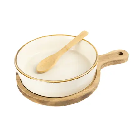 PETISQUEIRA EM CERAMICA COM BANDEJA EM BAMBU E COLHER