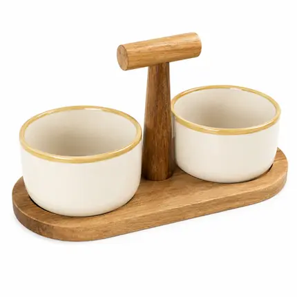 PETISQUEIRAS EM CERAMICA COM BANDEJA EM BAMBU