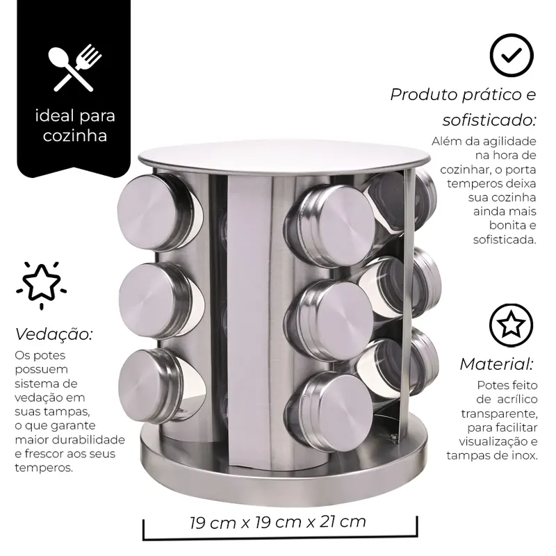 PORTA CONDIMENTO GIRATORIO INOX 12 PECAS MIMO STYLE