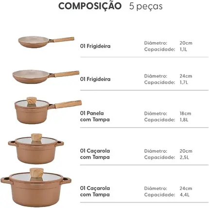 CONJUNTO 5 PANELAS CERAMIC LIFE COM INDUÇÃO DUNA TERRACOTA BRINOX