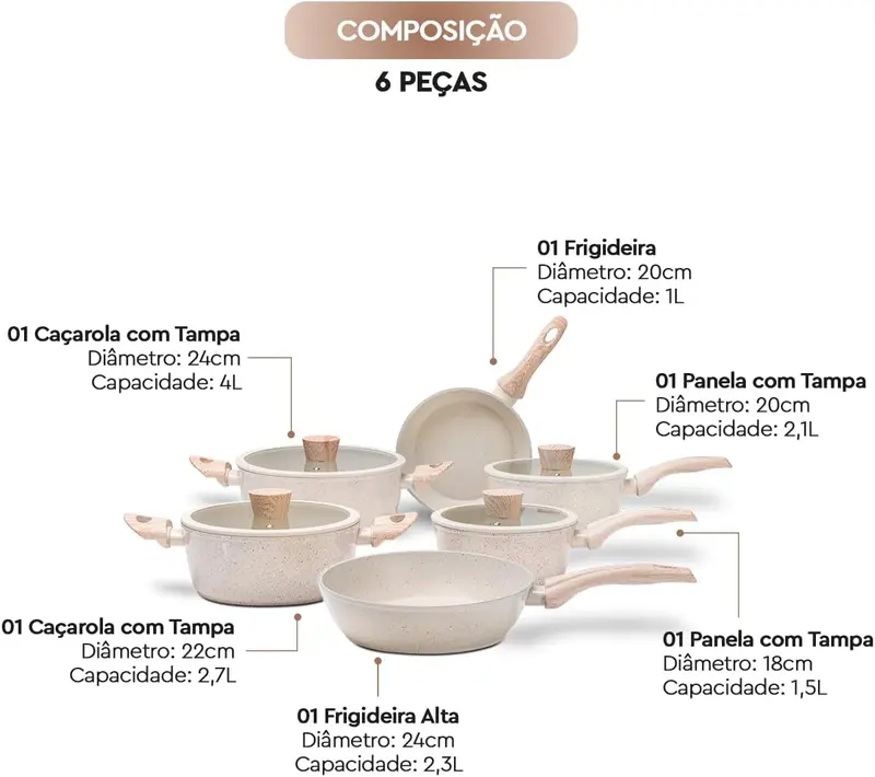 CONJUNTO 6 PANELAS CERAMIC LIFE COM INDUÇÃO SIRIUS VANILLA