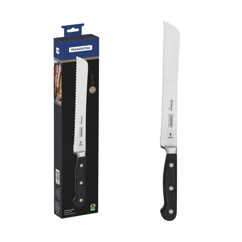 FACA PARA PAO 8 CENTURY PRETO - LAMINA DE ACO INOX E CABO DE POLICARBONATO TRAMONTINA