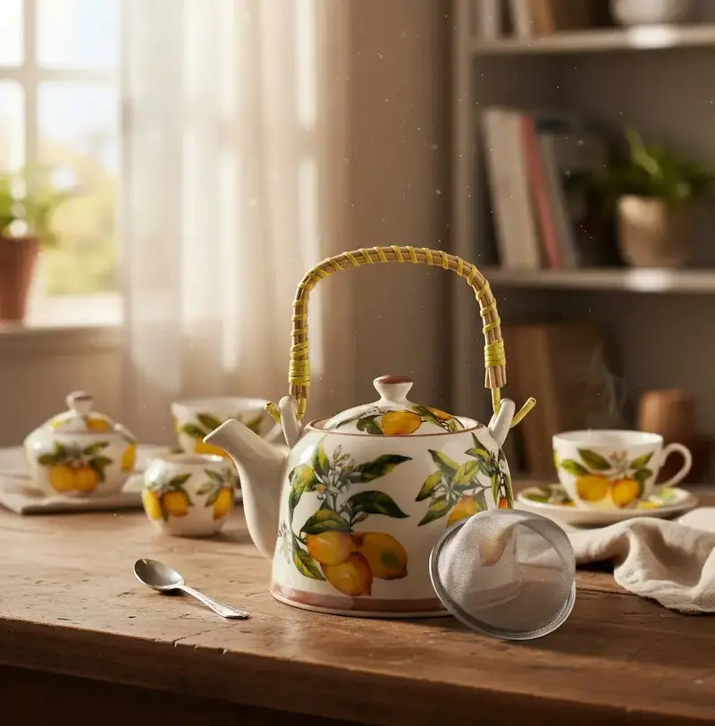 CHALEIRA DE CERAMICA BRANCO E AMARELO 20x14x12 CM