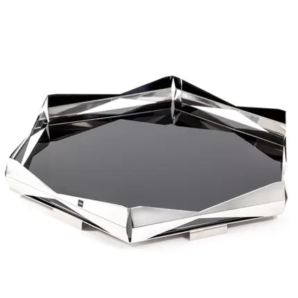 BANDEJA BAR ORIGAMI HEXAGONAL INOX COM VIDRO PRETO RIVA