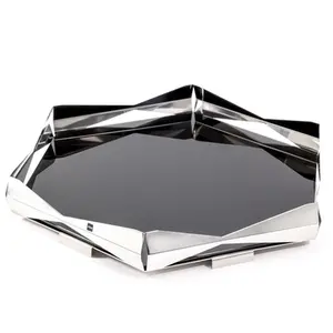 BANDEJA BAR ORIGAMI HEXAGONAL INOX COM VIDRO PRETO RIVA