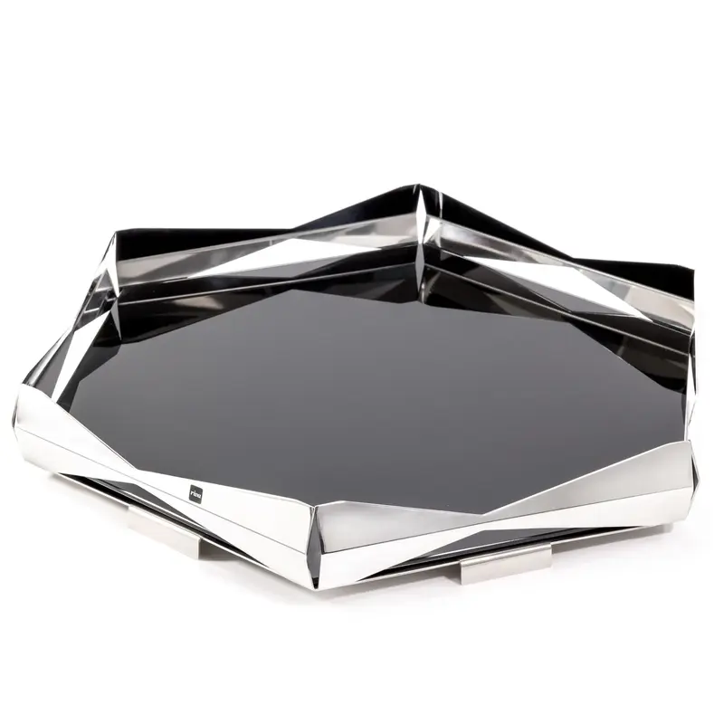BANDEJA BAR ORIGAMI HEXAGONAL INOX COM VIDRO PRETO RIVA